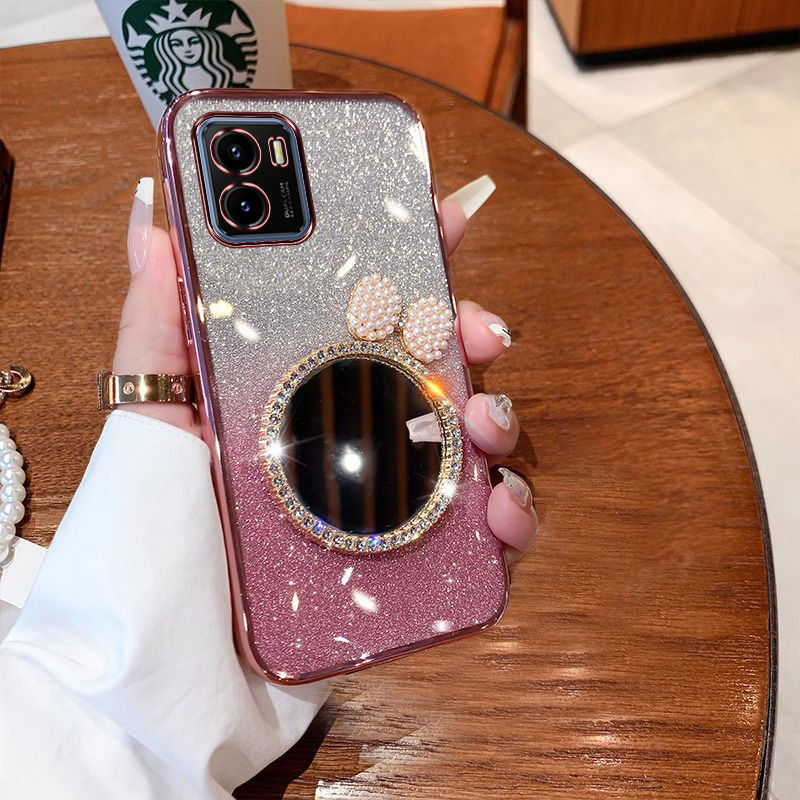 New Phone case Xiaomi Redmi A1 A1+ Plus A2 A2+ Plus A3 A3x Back Cover with Bow Makeup Mirror Luxury Shiny Gradient Plating Glitter Girls Slim Phone cases Transparent Soft Silicone Protective Pouch