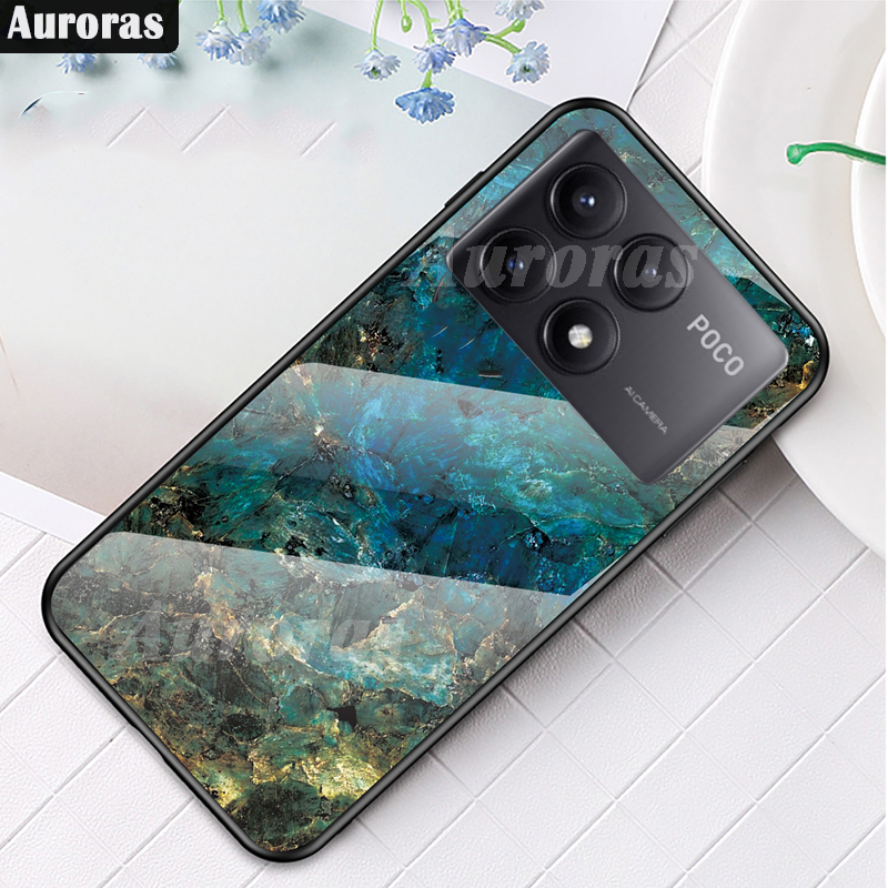 For Xiaomi Poco F6 Pro Phone case Fashion Marble Pattern Phone Case Tempered Glass Protected Soft Silicone Bumper For MI Poco F6 Cover casing HP