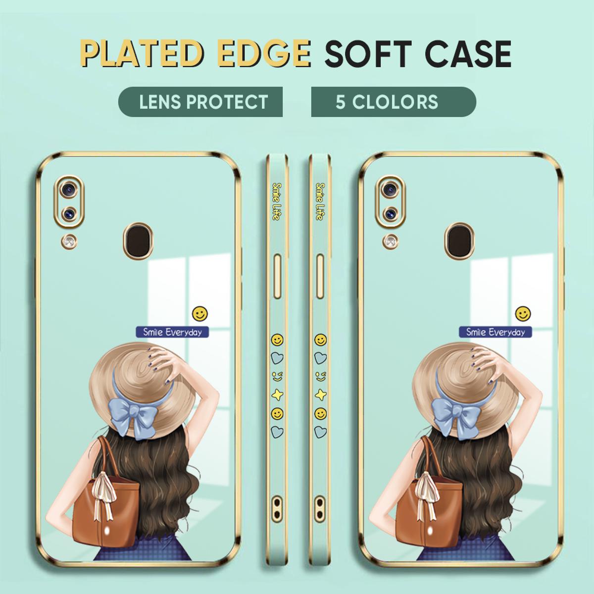 Luxury 6D Plating Case for Samsung Galaxy A20 A30 Back Cover Cartoon Hat Girl Side Pattern Soft Silicone Square Phone Cases