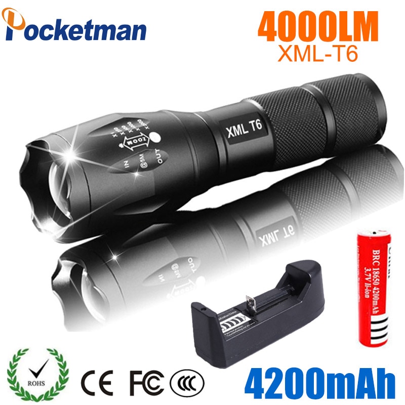 LED Rechargeable  XML T6 linterna torch 4000 lumens 18650  Outdoor Campingwerful Led -black - Type B - black. 
