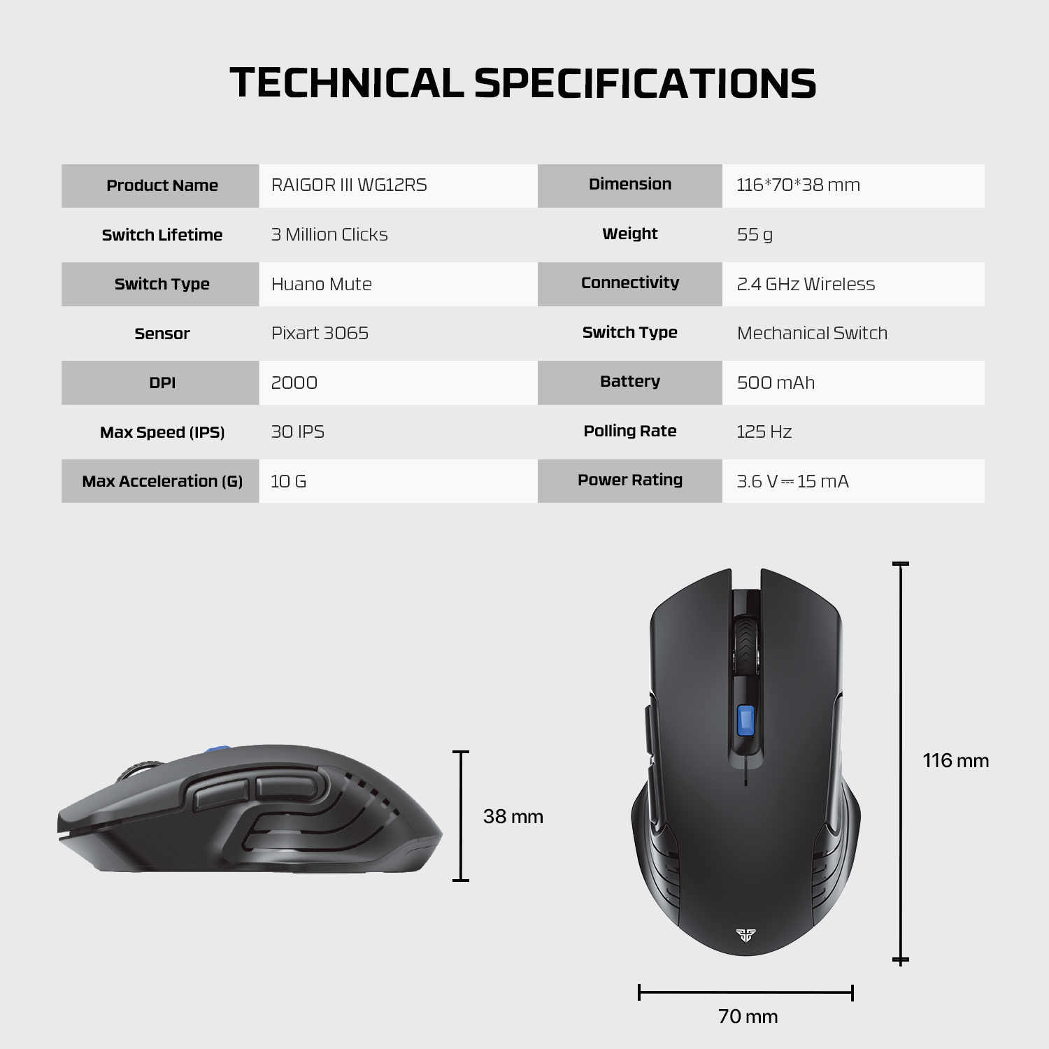 FANTECH WG12RS Raigor III Wireless Gaming Silent Mouse Pixart 3065 2000DPI Wired Mouse Poling 125Hz Macro Button Mice. 