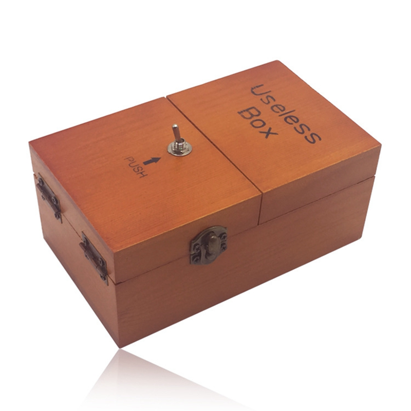 A Useless Box with Surprises Wooden Useless Box Fully Assembled Toy for Adults and Children Easy to Use Dark Wood Color. 