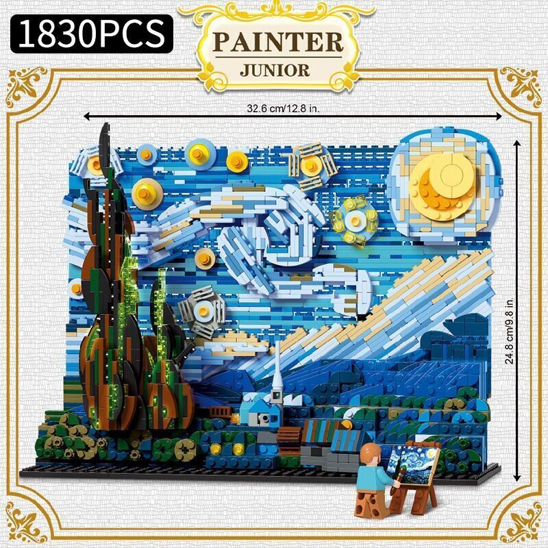 Deke is compatible with LEGO small particle block assembly puzzle, Van Gogh starry sky painting, Kanagawa surfing toy
