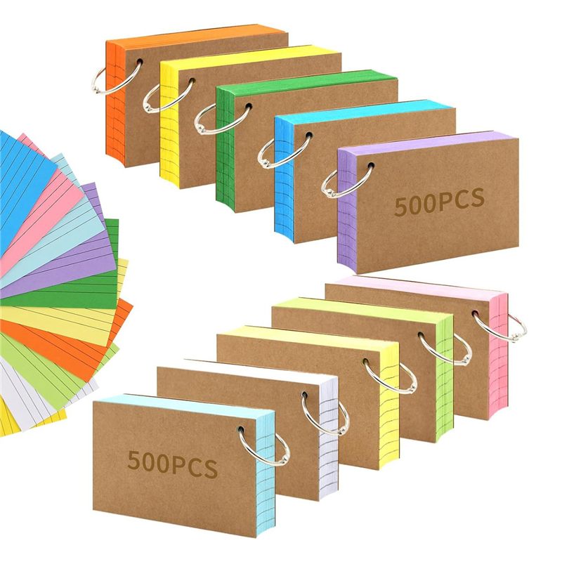 1000 PCS Index Cards Set 3X5 Inches Colored Flash Cards with Ring, Punched Lined Ruled Index Cards Notecards Set