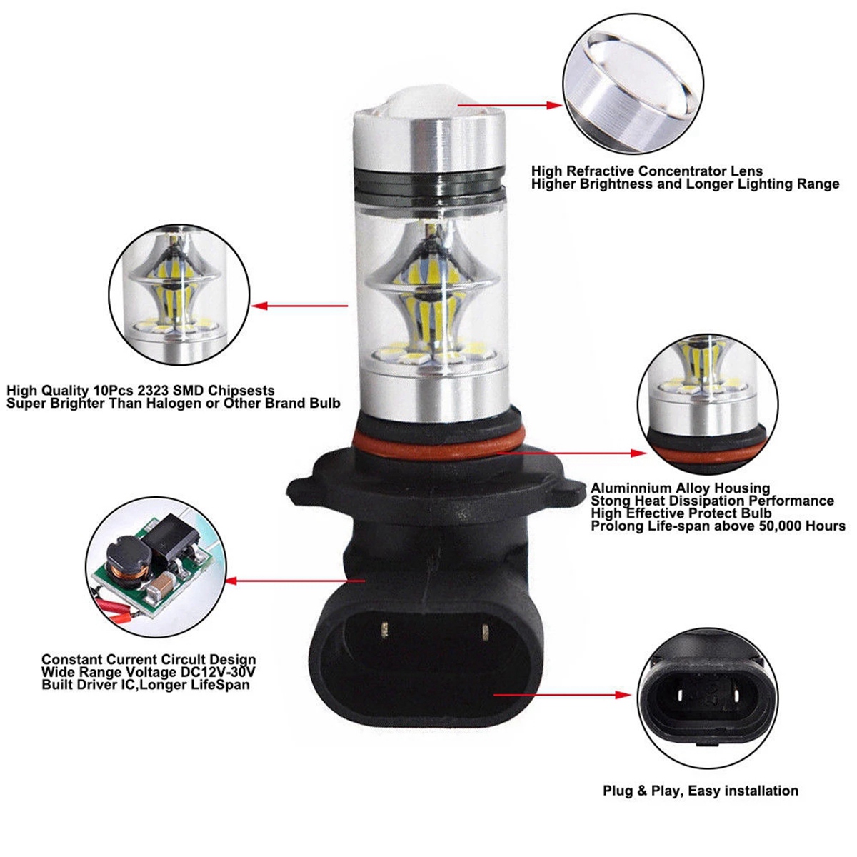 JOUYI 2X 6000K Super White H10 9045 9145 9140 100W 1200LM LED Fog Light Bulb with Cabin Air Filter CF10285 Activated Carbon. 