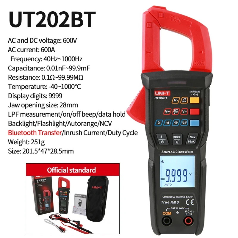 Unit-t new digital clamp meter ut202s ut202 BT Bluetooth connection 600A AC/DC current voltage 9999 counts TRMs NCV ammeter. 