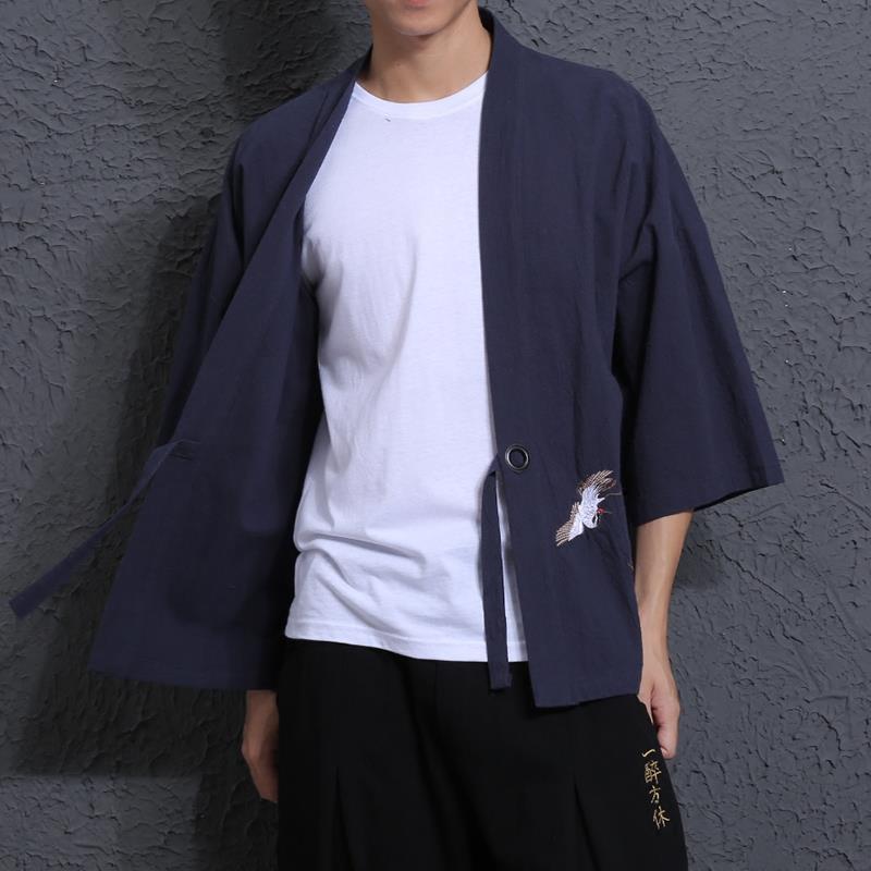 Robe Men's Style Outer Coat Suit Linen Cotton and Linen Embroidered Crane Japanese Japanese Style Kimono and Japanese Style Ukiyo-E Fashion. 