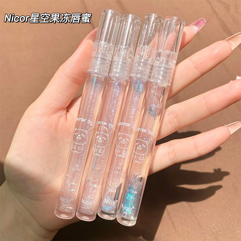 NICOR Teacup Bear Mirror Water Light Juice Dodging Transparent Colorless Blue Sparkling Lipstick Moisturizing Oil Lip Gloss