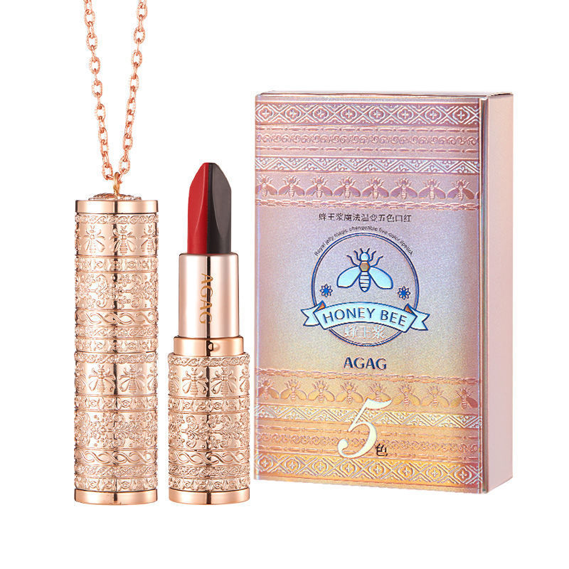 AGAG Queen Bee Paddle Magic Temperature Change Five-Color Lipstick Non-Fade Non-Stick Cup Waterproof Holding Mirror Shiny Lipstick. 