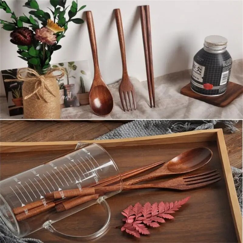 3PCS Wooden Cutlery Set Wood Chopsticks Spoon Fork Japanese Style Spoon Fork Chopsticks Set Spoon Portable Tableware With Bag. 