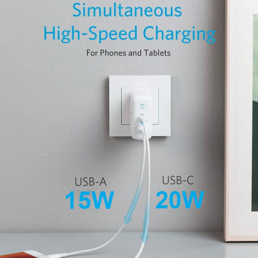 Anker PowerPort PD+2 35W (20W+15W) Dual-Port High Speed Wall Charger With Power Delivery & Power IQ 2.0 - EU Plug. 