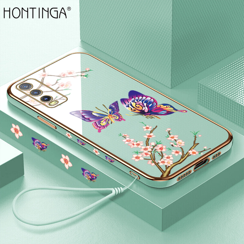 Hontinga for Vivo Y20 Y20i Y20S Y12S Y20 2021 Y20SG Y12A Back Cover With Lanyard Luxury 6D Plating Shiny Pretty butterfly Case Soft Silicone Square Mobile Cover
