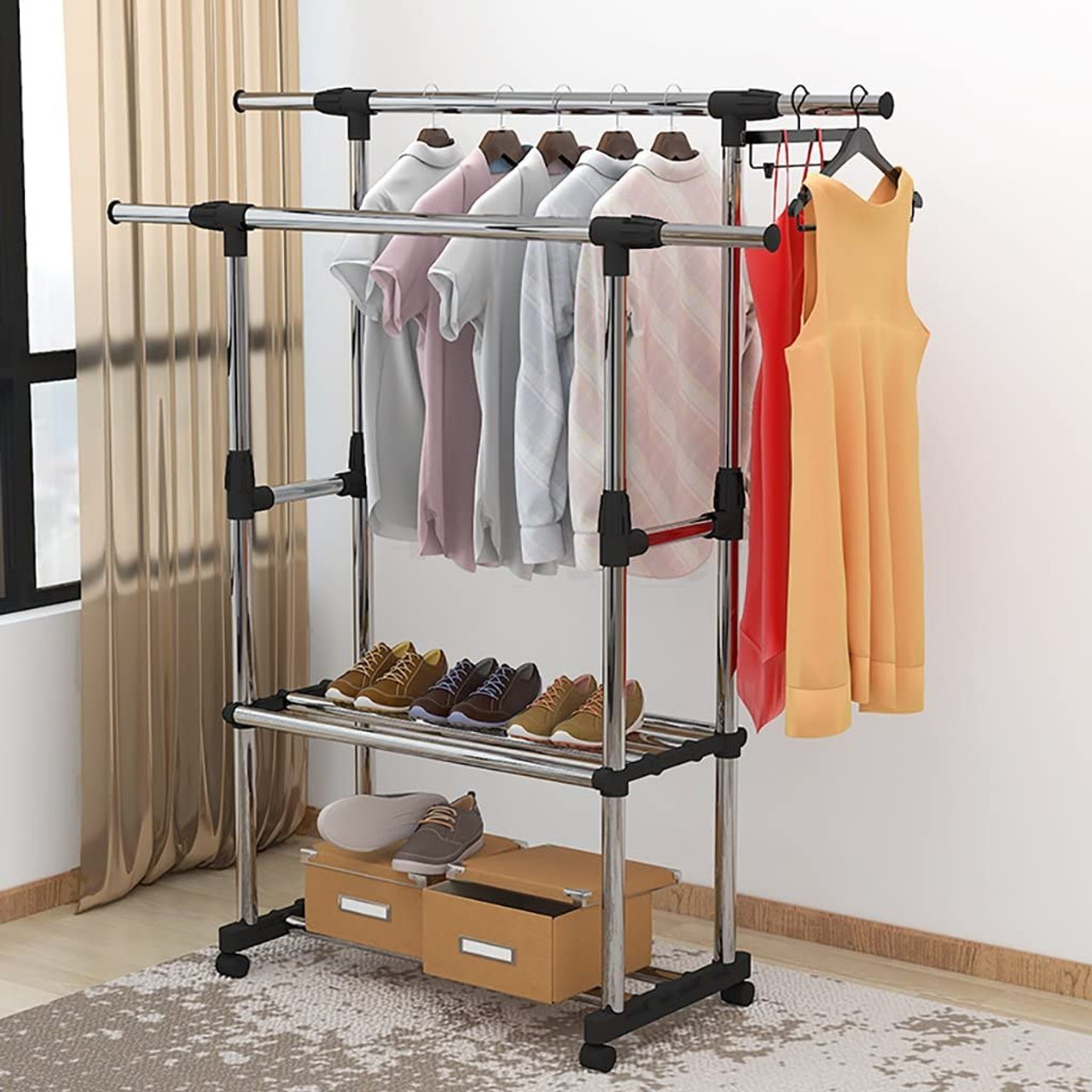 2 layers Double Pole Clothes Hanging Rack With Shoe Rack-Big Size