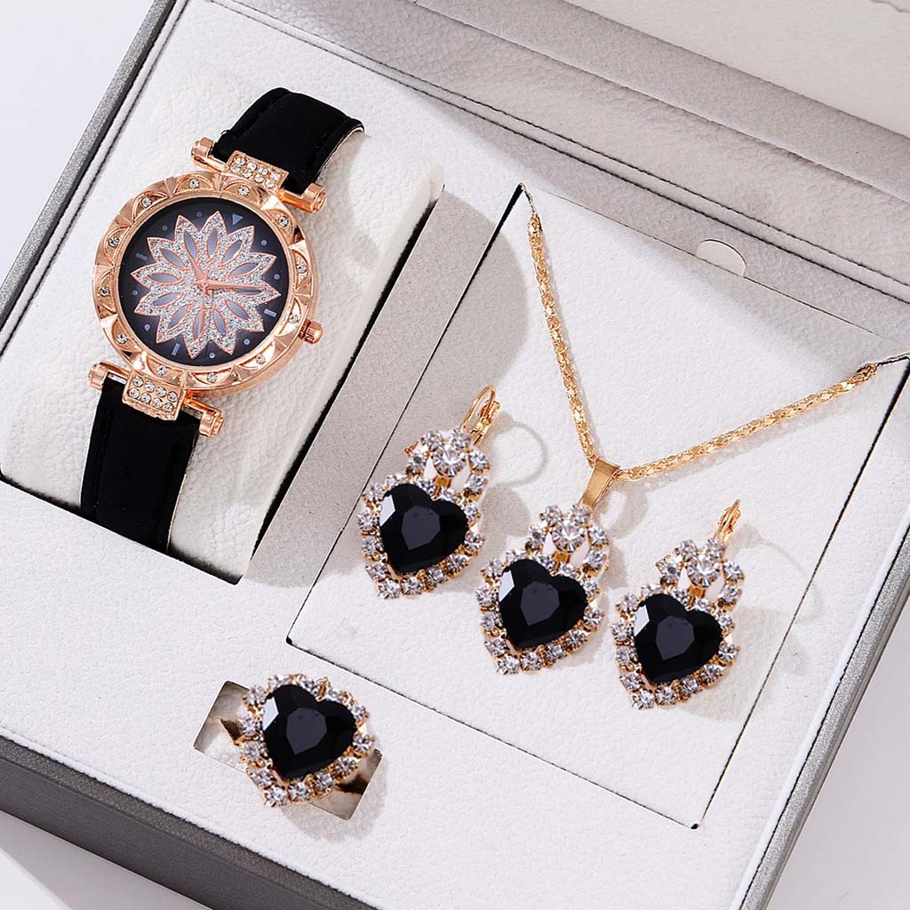 LooKeo mall 5pcs Women's Quartz Watch Set with Diamond Heart Necklace and Bracelet - Stylish Jewelry Accessories