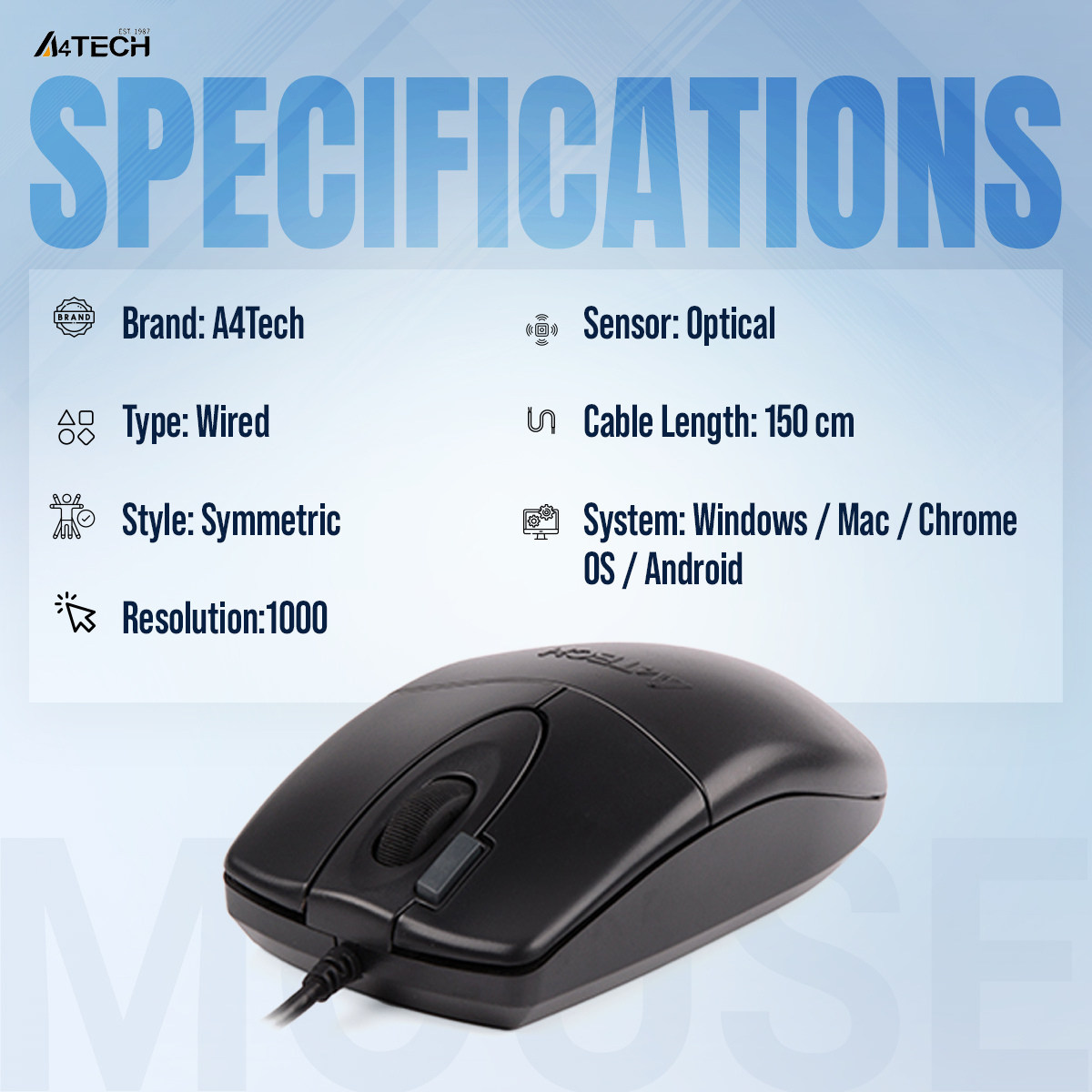 A4tech OP-620D Wired Optical Mouse - 2x Click Button - 1000 DPI - For PC/Laptop - Black. 