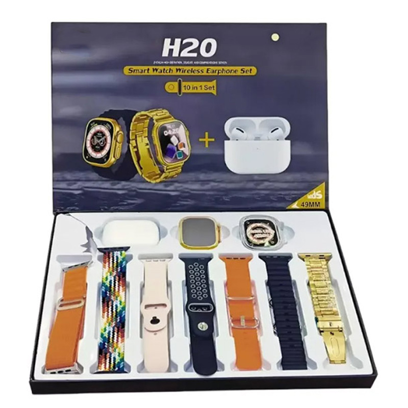 H20 Smart Watch 10 in 1 Set Bluetooth Calling Smartwatch | Wireless Charging, AirPods, Multiple Watch Faces, Voice Assistant, Music Control, Golden Strap & 6 Extra Bands | TWS Smartwatch for Men & Women. 