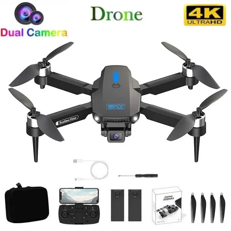 FLH Mini 2 Drone, Duel Camera , Duel Battery Brashless 4K HD Dual Camera Intelligent Following UAV Dron Headless Mode Optical Flow Hover Professional FPV RC Drones E88