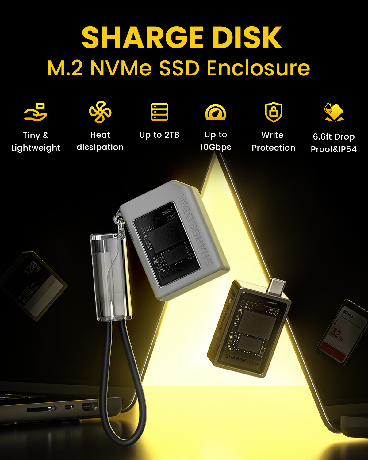 SHARGE-SSD Enclosure for Laptop, External SSD for PS5 Game Camera, NVMe PCI-E M.2 SSD Case, USB 3.2 Gen 2, 10Gbps, 2230 M.2. 