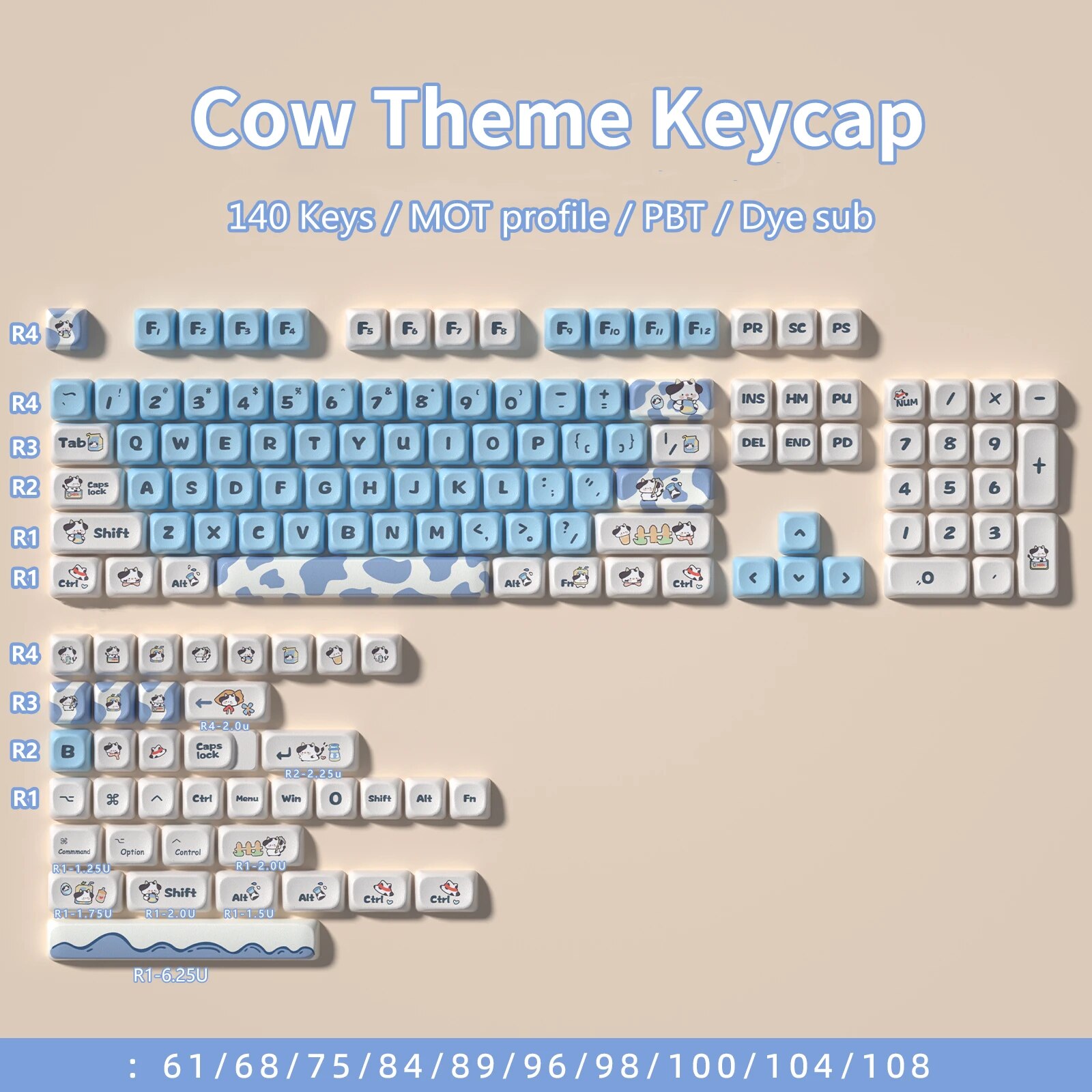 JCM MOA Profile PBT Keycaps 140 Keys Cow Theme White Blue Keycap Drunk Deer A75 for Mechanical Gaming Keyboard. 