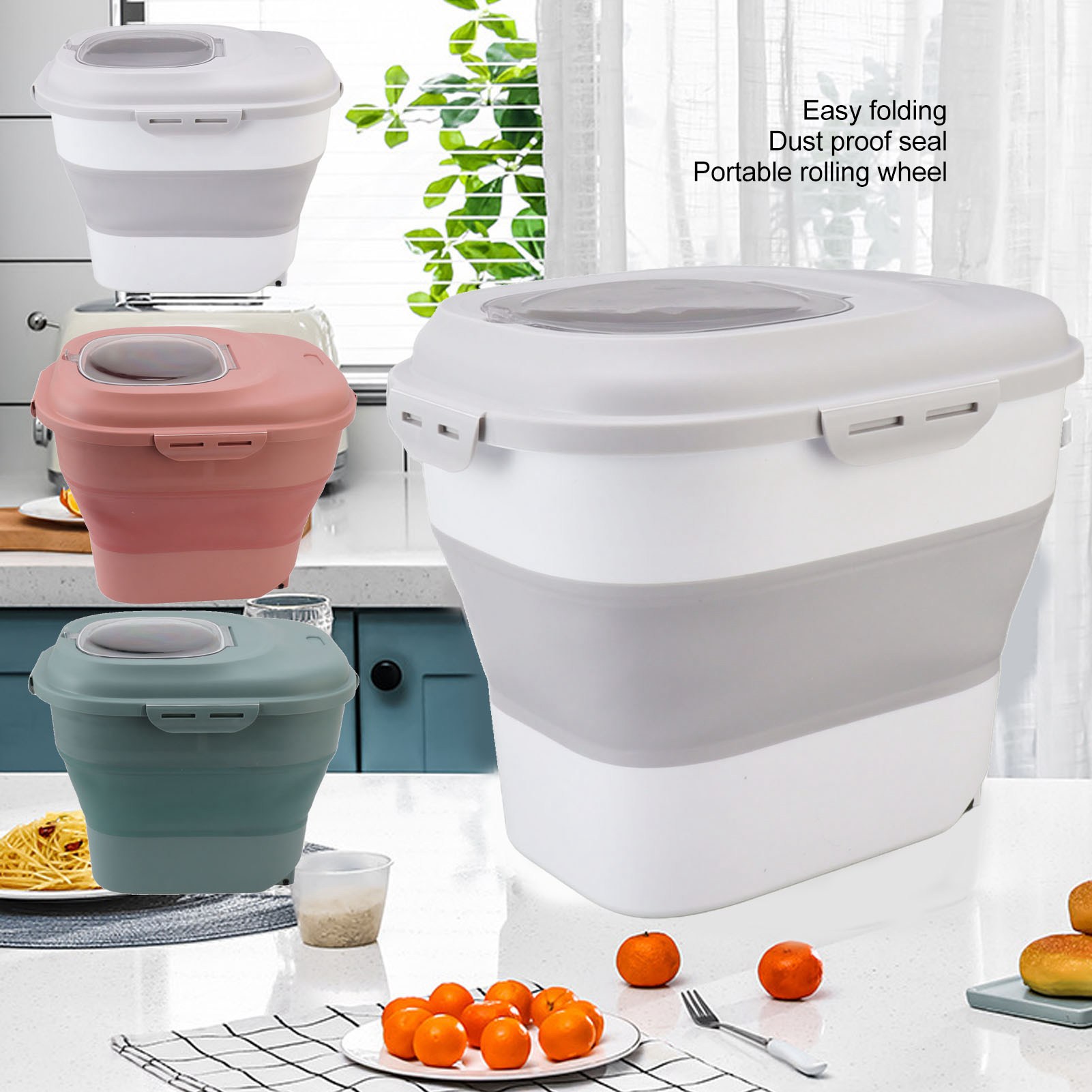 Rice Food Storage Container Large Collapsible Food Storage Container with Measuring Cup Rolling Wheel