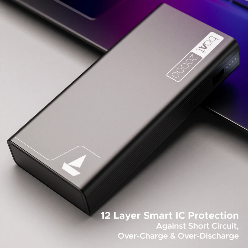 boAt Powerbank 20000mAh EnergyShroom PB400 with 22.5W QC and PD fast charging, 12-layer IC protection, dual USB, and Type-C output.. 