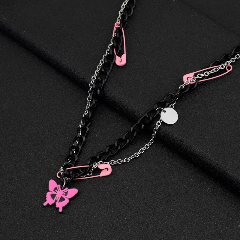 [Y] Original Black Chain Pin Rose Pink Butterfly Necklace Sweet Cool