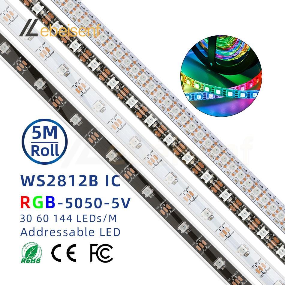 5m WS2812B LED Strip DC 5V 30 60 144 LEDs/M RGB IC Individually Addressable IP30 65 67 Flexible Smart Pixels Magic Color Light