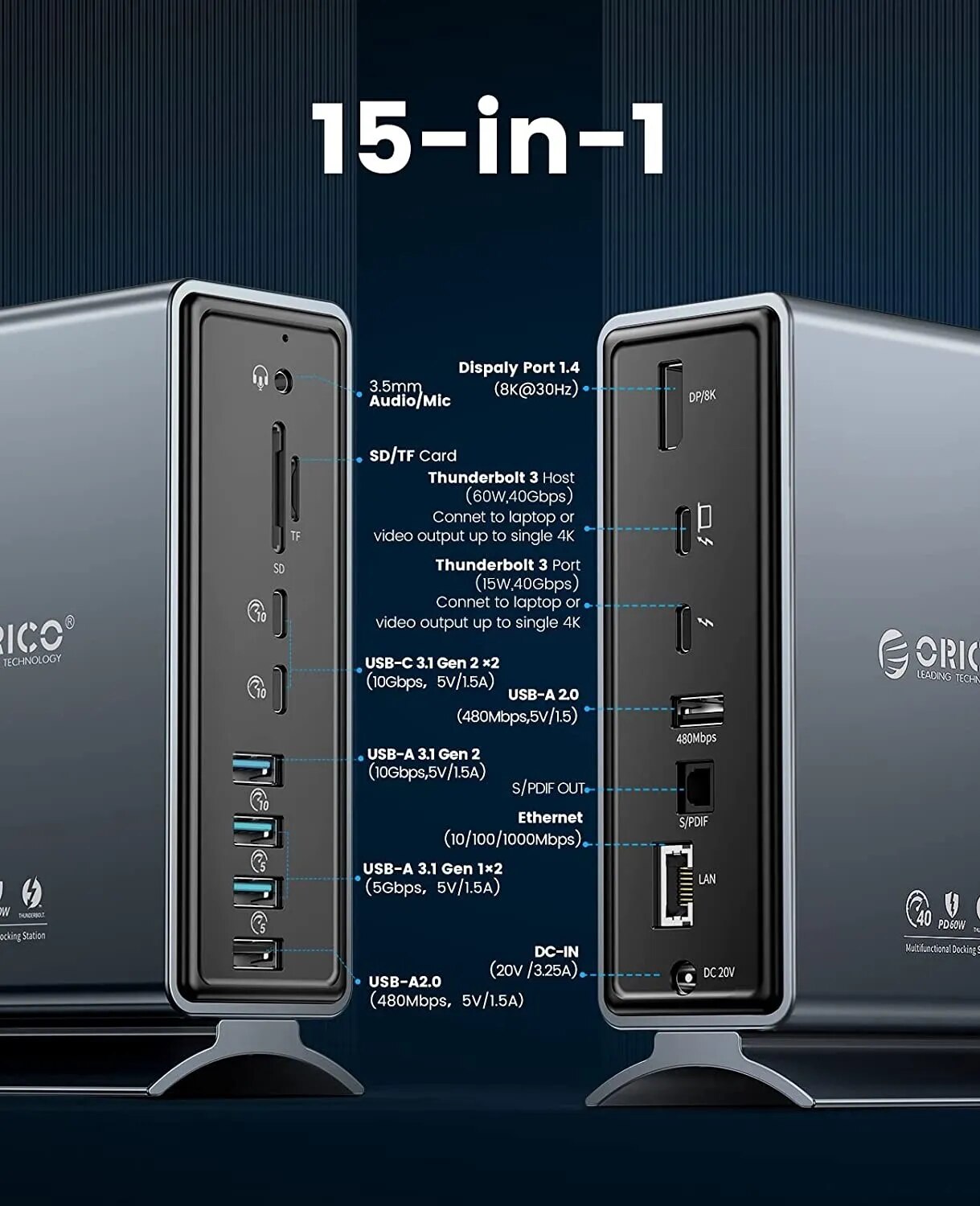 ORICO Thunderbolt 4 Docking Station Type C to HDMI-compatible Adapter 4K@60Hz USB 3.0 3.1 HUB Splitter for MacBook Mac Windows. 