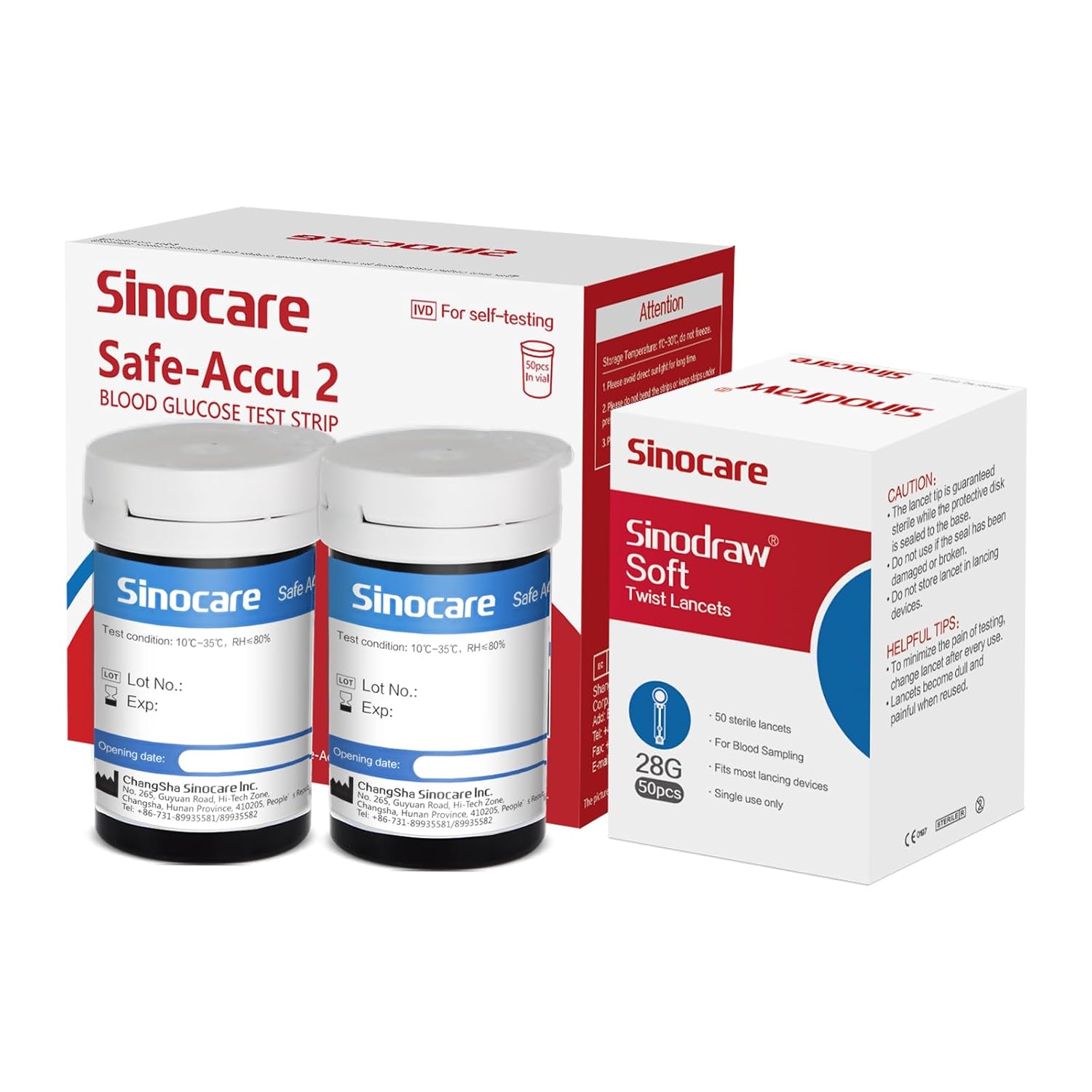 Sinocare (Safe Accu2) Blood Sugar Test Strips 50 pcs No Code/ Blood Glucose Test Strips with Lancing Devices x 50 / only for sinocare Safe Accu2 Blood Glucose Monitor. 