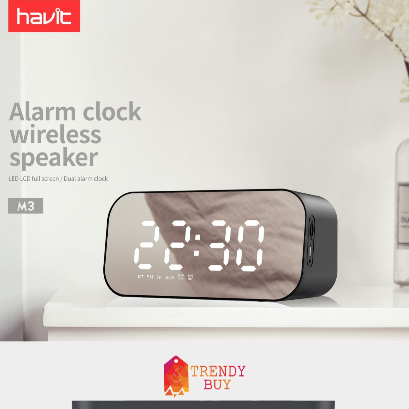 HAVIT M3 Portable Bluetooth Speaker Alarm Clock Wireless LED Display Temperature With FM Radio Support Aux TF USB Music Player - Speaker