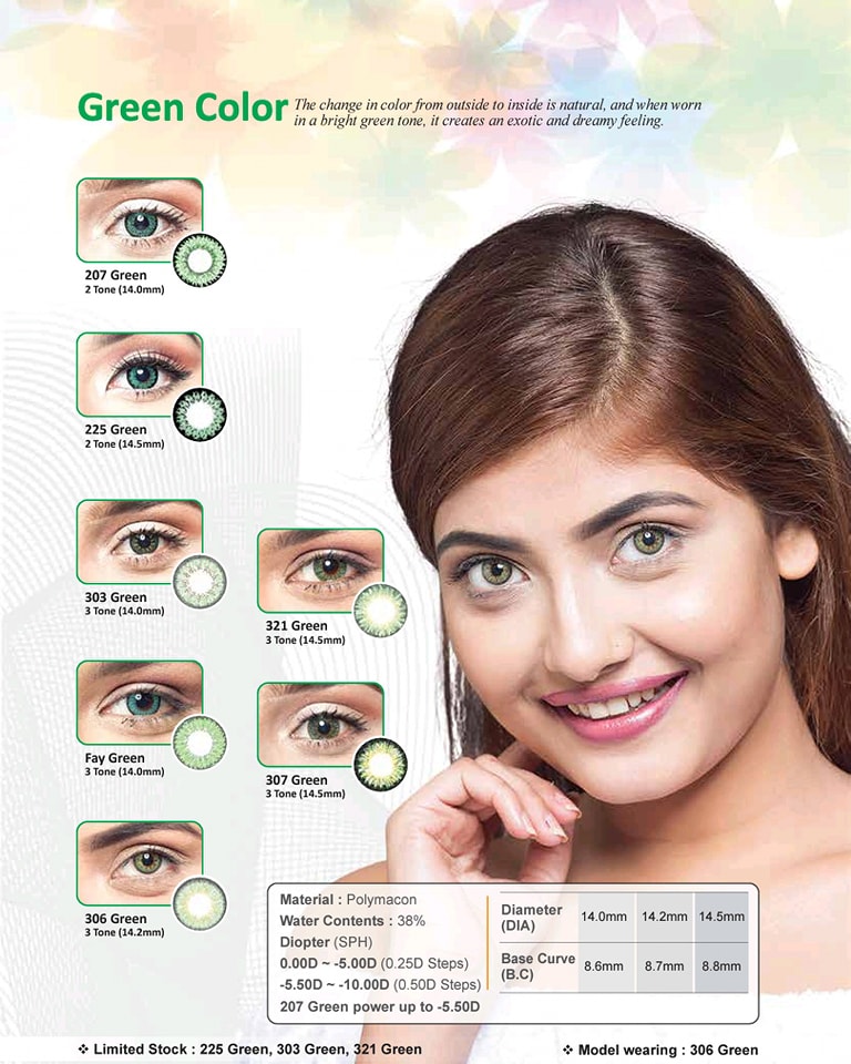 Angel Soft 307 Green Contact Lens Angel Soft Color Contact Lenses & Kit Box from protected view for everyday wear with stylish contact lenses #307Green. 