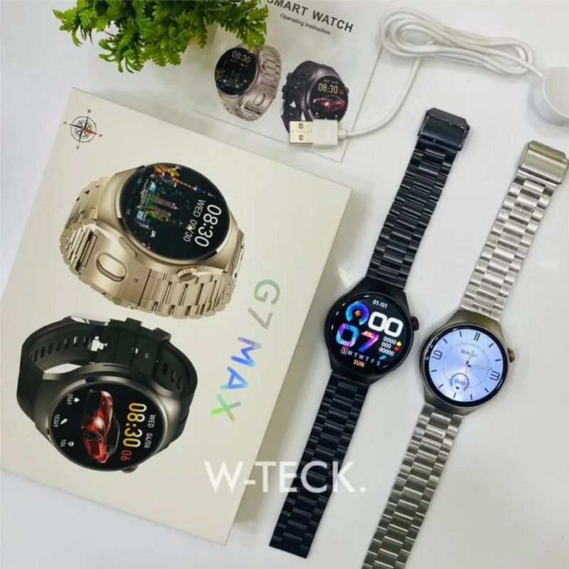 G7 Max Smartwatch – 1.53" HD Display, NFC, AI Voice Assistant, Compass, Stainless Steel Round Dial Fitness Tracker for Men. 
