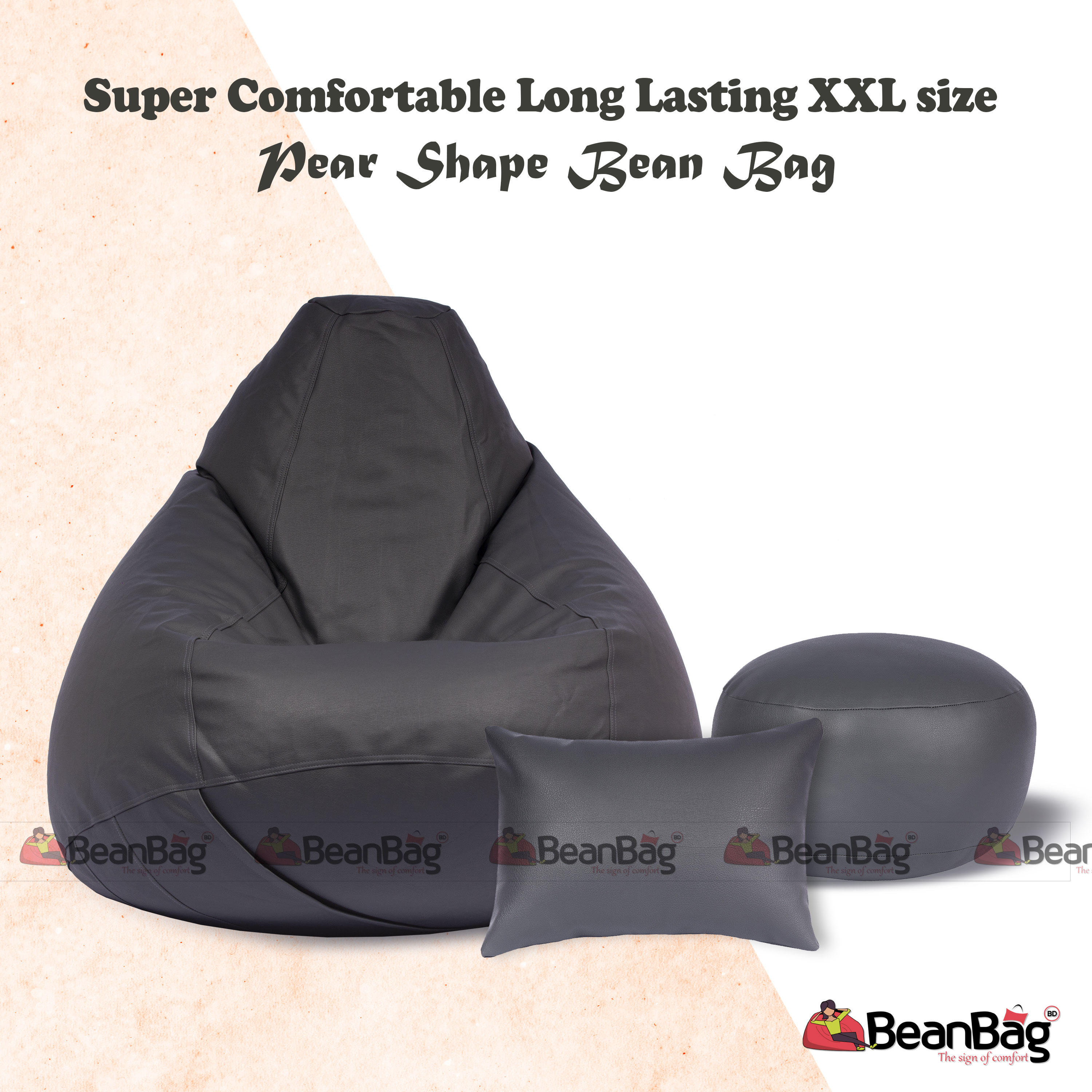 Bean Bag BD-XXL Jumbo Size Pear Shape Bean Bag Full Set_ Bean Bag, Footrest & Pillow_Ash Colour_Premium Quality. 