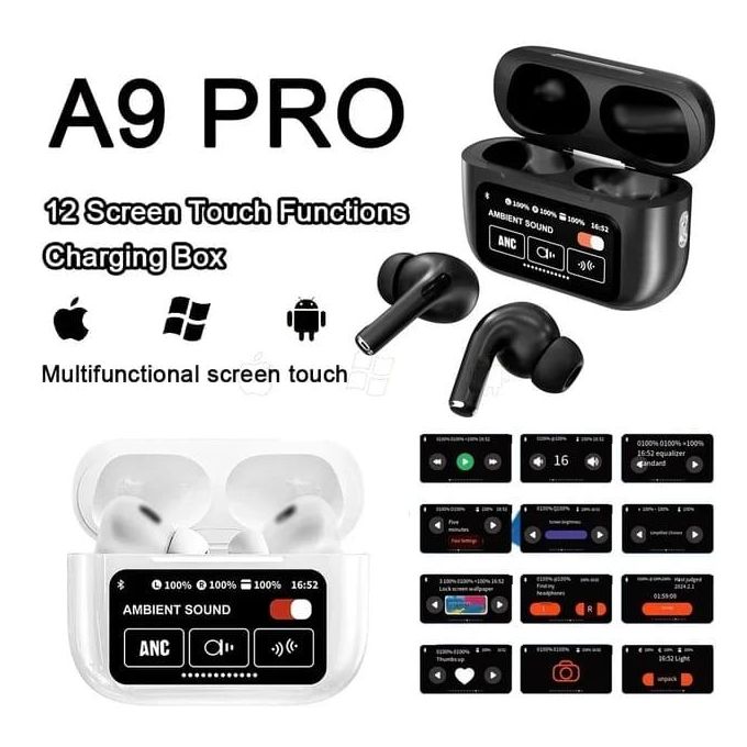 A9 Pro Touch Screen ANC- TWS Noise-Cancelling Earbuds, Bluetooth 5.3, Long Battery Life, HiFi Sound Quality