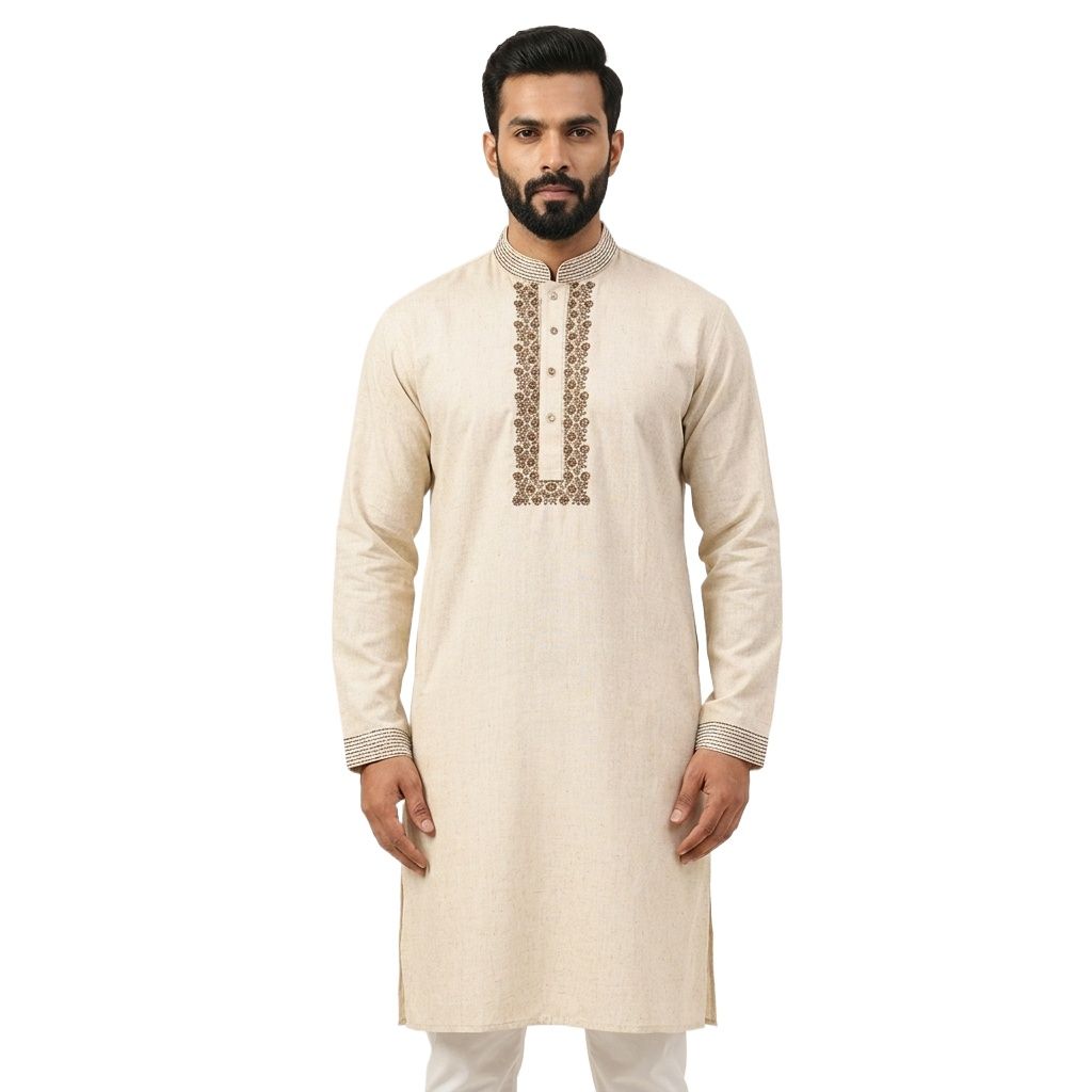 Cream Color Cotton Fabric Panjabi for Men | Premium Soft & Breathable Traditional Punjabi Kurta | Elegant Ethnic Wear for Eid, Wedding, Festival & Casual Occasions | Comfortable Regular Fit Classic Design | Stylish & Trendy Menâs Cotton Panjabi Collecti