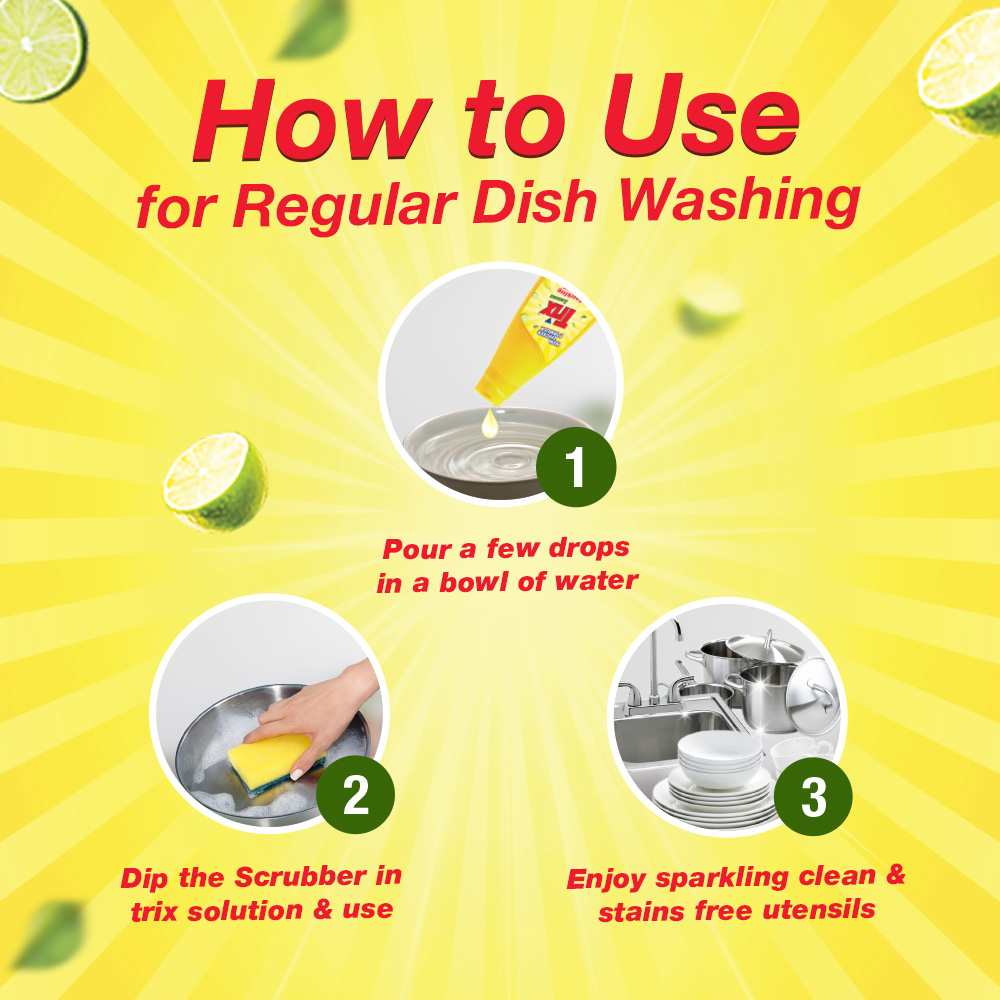 ( Free Scrubber ) Trix Dishwashing Liquid 1L Bottle Lemon Fragrance for Scratch-Free Sparkling Clean Dishes, removes grease stains with power-rich thick foam. 