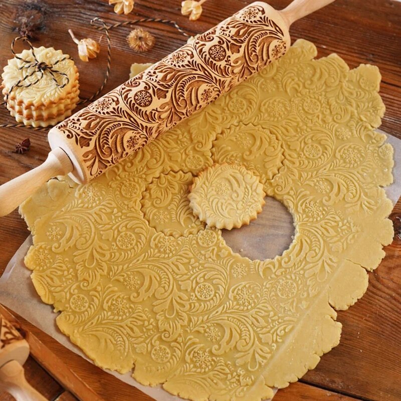 Arjmide Deep Engraved Wooden Embossed Cookies Flower FROST SWIRLS Rolling Pin for Baking 3D Rolling Pins ZM028