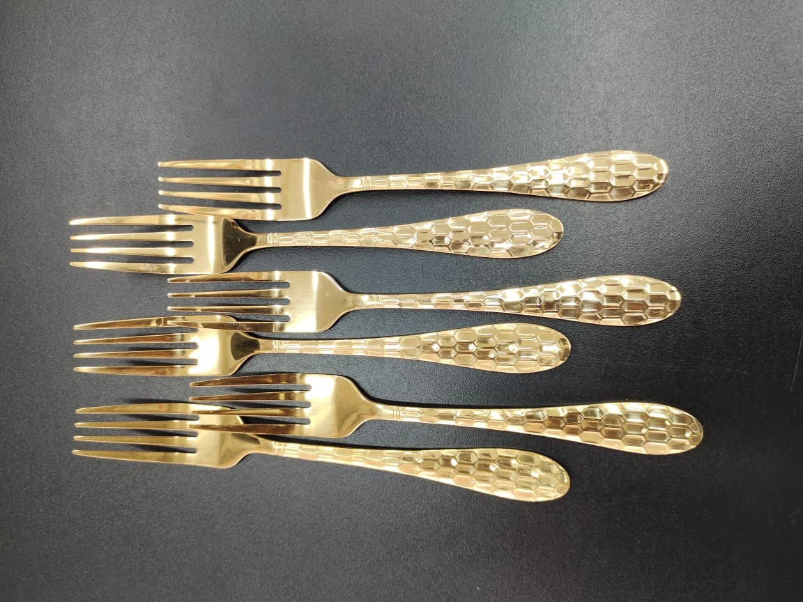 3 D Golden Fork Spoon Set 6 Pcs. Stainless Steel Tea Spoons With Gold Titanium Plating. - Chopsticks. 