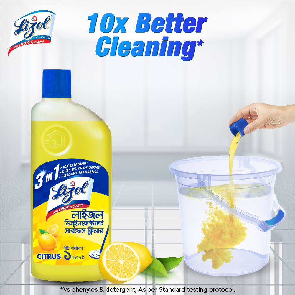 Lizol Disinfectant Floor & Surface Cleaner 1000ml Citrus, Kills 99.9% Germs. 