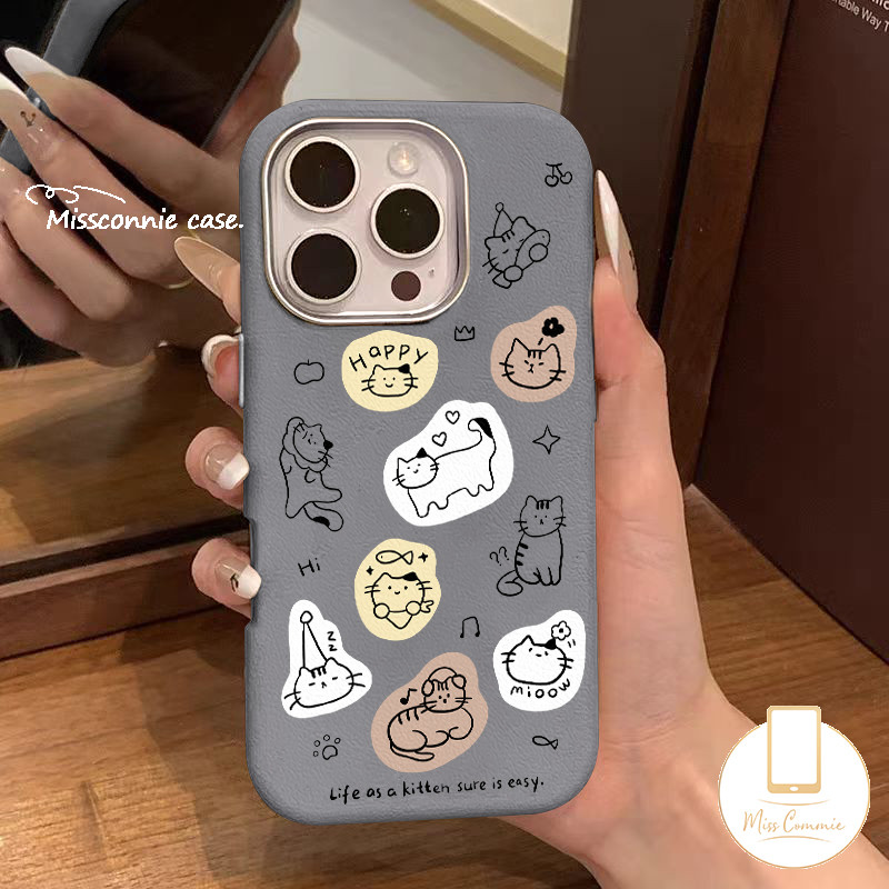 Cartoon Stick Figure Cat Kitten Lovely 3D DIY Doll Cat Case Compatible for IPhone 16 11 12 15 14 13 Pro Max XR X 15 14 16 Plus XS Max Luxury Metal Lens Frame Leather Texture Case. 