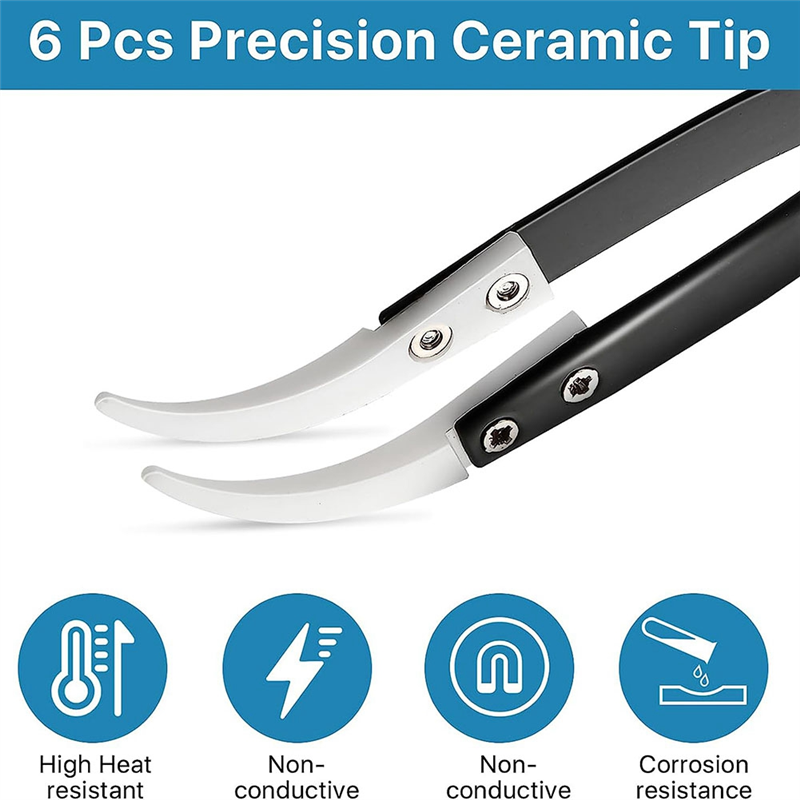 6 Piece Precision Reverse Ceramic Tweezers Set Resistant Electronics Soldering Tweezers Anti-Magnetic Pointed For Solder B. 