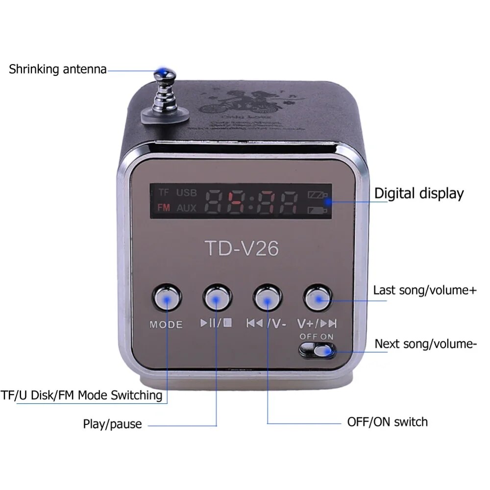 TD-V26 Mini Portable Sound Speaker TF Card FM Radio AUX Stereo Music Player Bluetooth Speaker. 