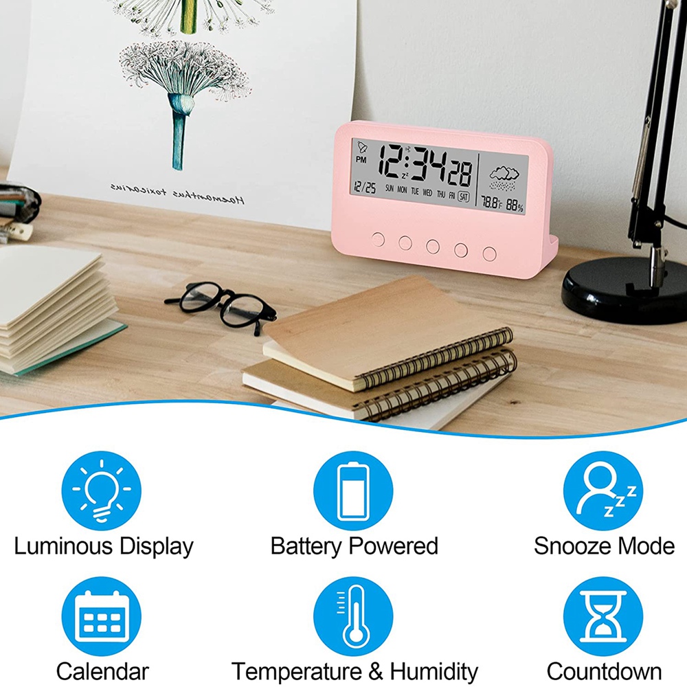 Digital Alarm Clock for Bedrooms,Battery Operated Desk Clock, (Pink). 
