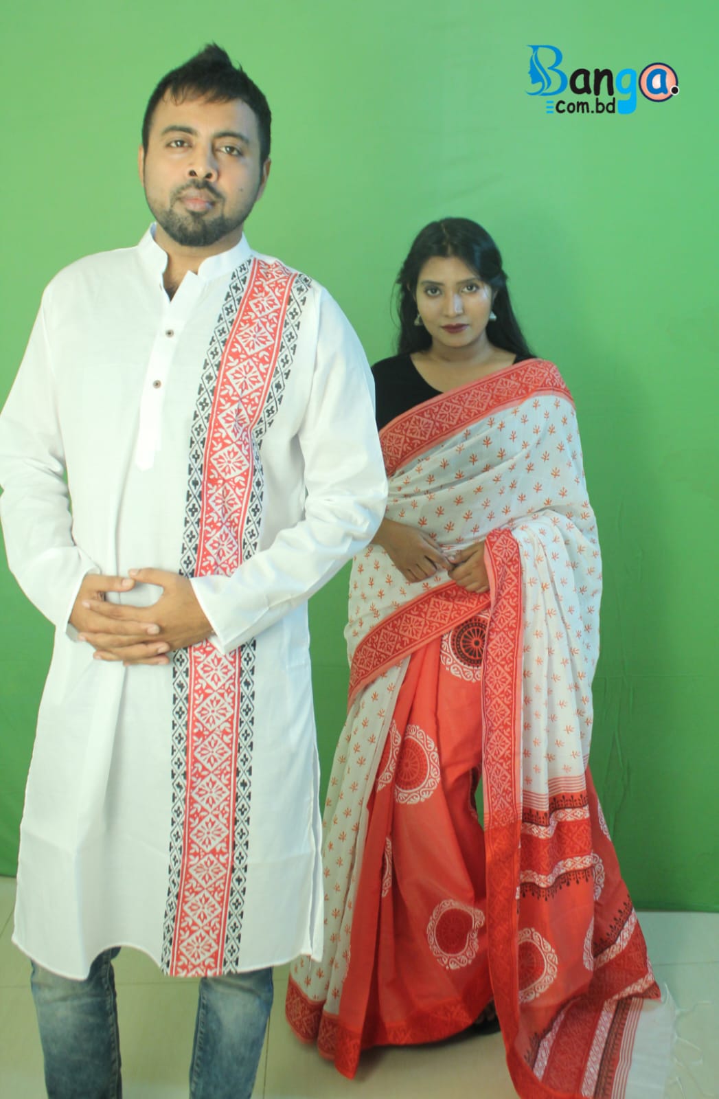 Exclusive Designer Block Print Half Silk Saree And Dhupian Panjabi For Man and Women