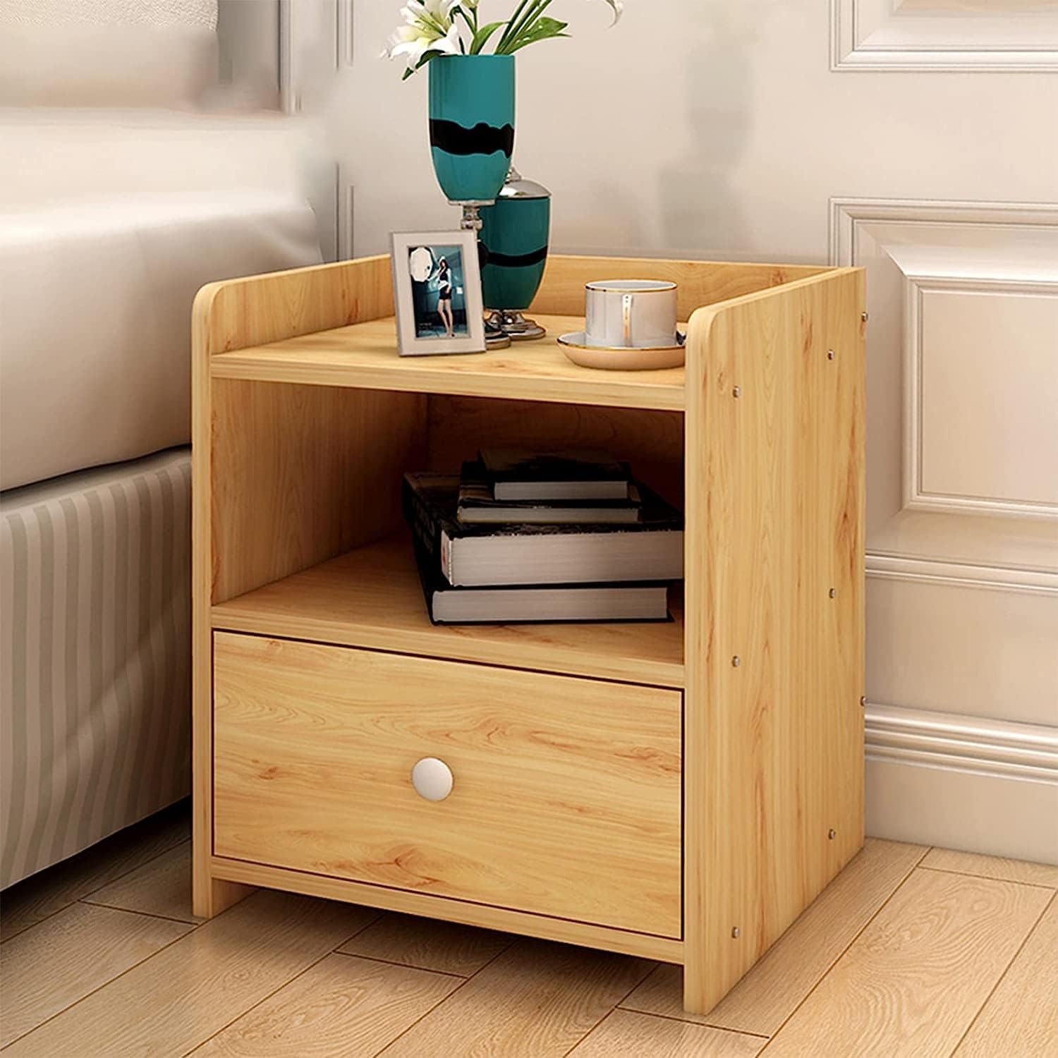 Bedside Cabinet, Bedside Tables Bedroom Bedside Table with Cupboard, Modern Bedside Cabinet with Drawer and Open Shelf, 1 Layers Of Storage Nightstand Table,18/16. 