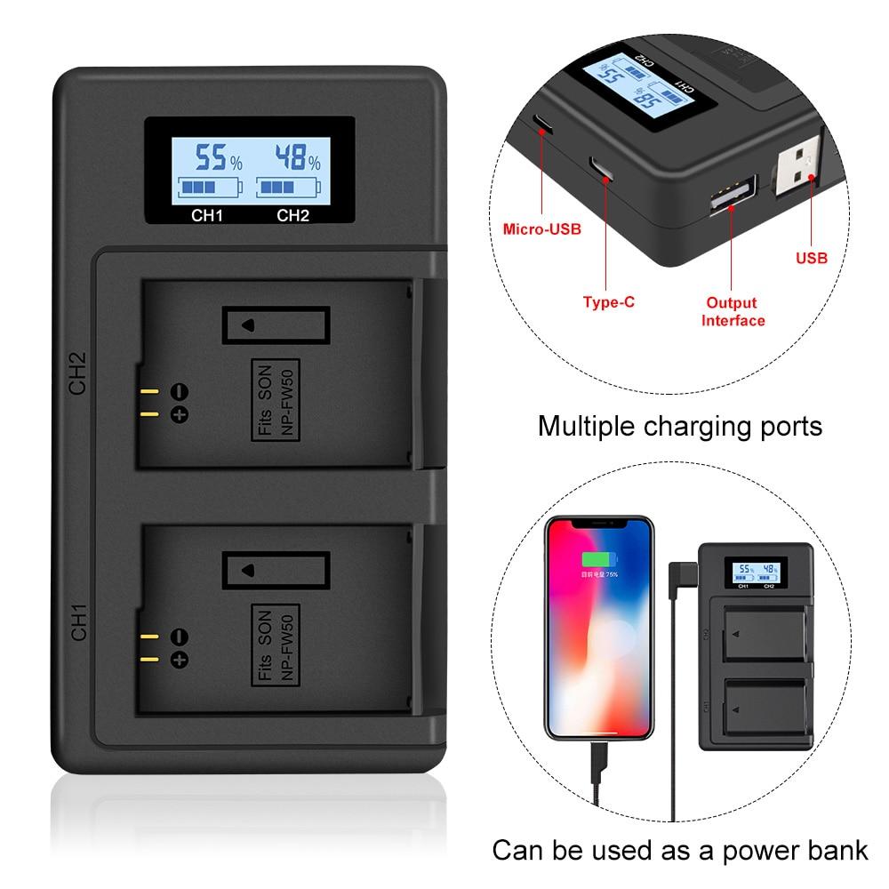 FirstPower NP-FW50 Battery 2-Pack and Dual USB Charger for Sony A6000 A6300 A6500 A7 A7II A7RII A7SII A7S A7S2 A7R A7R2 A5100 A5000 RX10 RX10II. 
