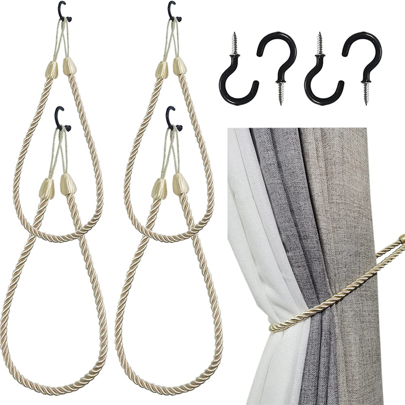 Curtain Tiebacks Rope Holders Cord for Thin or Thick Window Drapes 4 Pack Curtain Holdbacks with 4 Metal Screw Hooks Beige