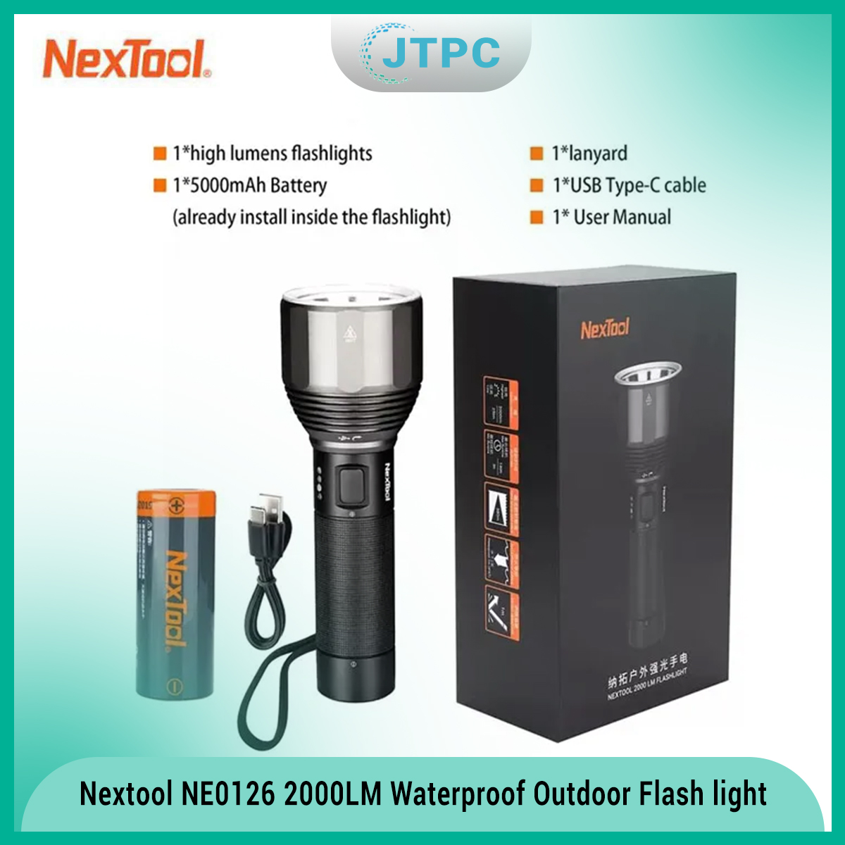 Xiaomi NE0126 Nextool 2000LM Super Bright 5-Mode Rechargeable LED Torch IPX7 Waterproof Outdoor Flash light With Type-C Charging Port. 