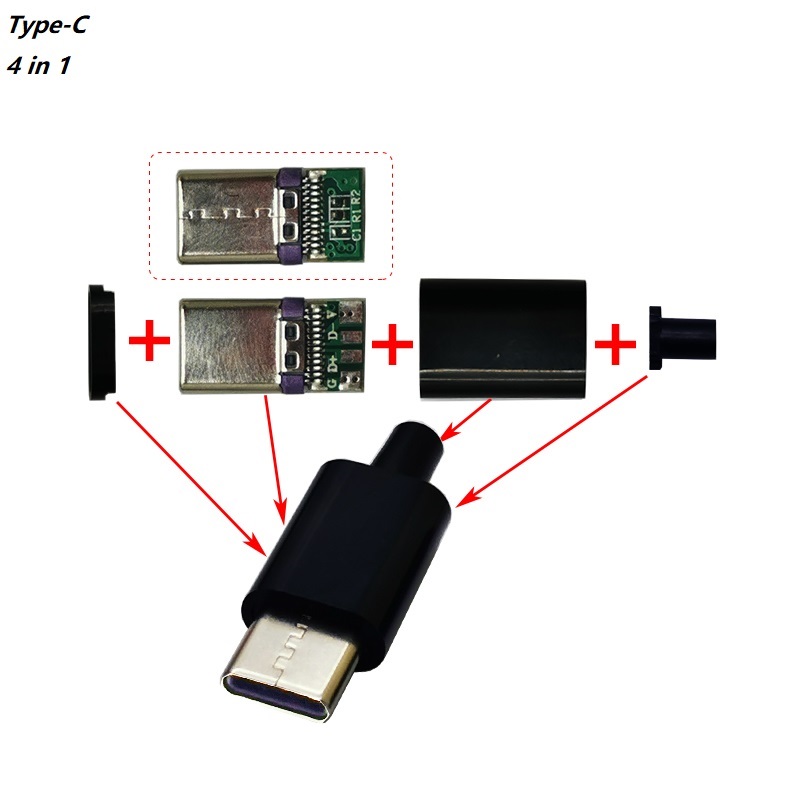 5Sets DIY USB 2.0 Type C Male Jack (4 in 1) USB 2.0 cheerfulAssemble With Plastic Cover Charging Socket Dia.3.2mm