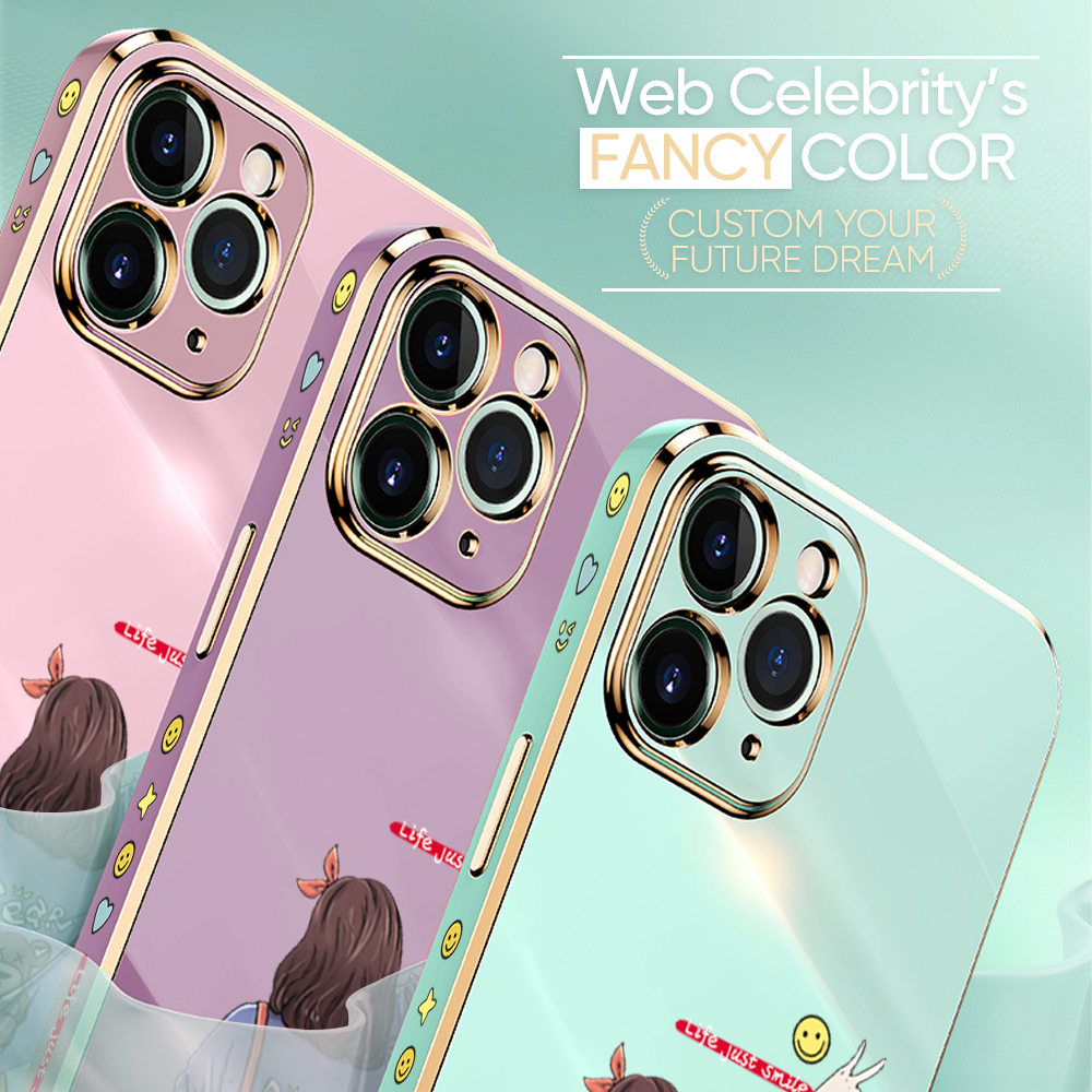 TA for Samsung Galaxy J7 Prime Back Cover + Free Lanyard Happy Girl Luxury 6D Plating Case Side Pattern Soft Silicone Square Phone Cases. 